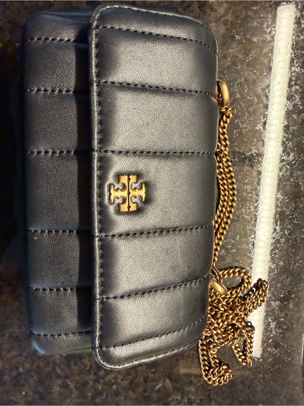 Tory Burch Black Quilted Mini Chain Wallet with Gold Logo